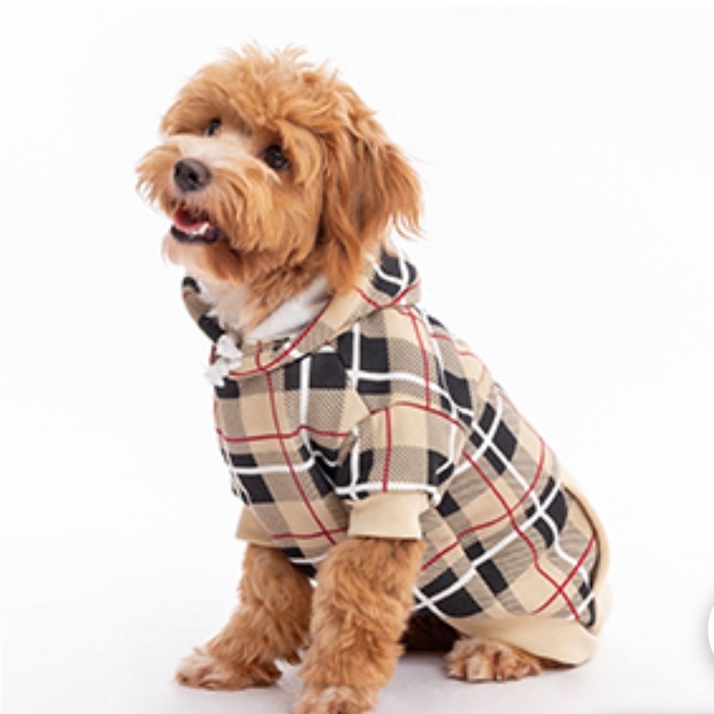 NWOT Size LARGE Beige/Black Plaid Dog Hoodie w/pocket